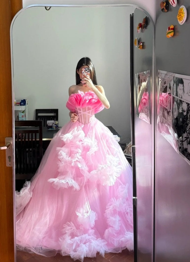 Charming Prom Dress Strapless Tulle Pleated Ball Gown Evening Dress Sweet 16 Dress D3944