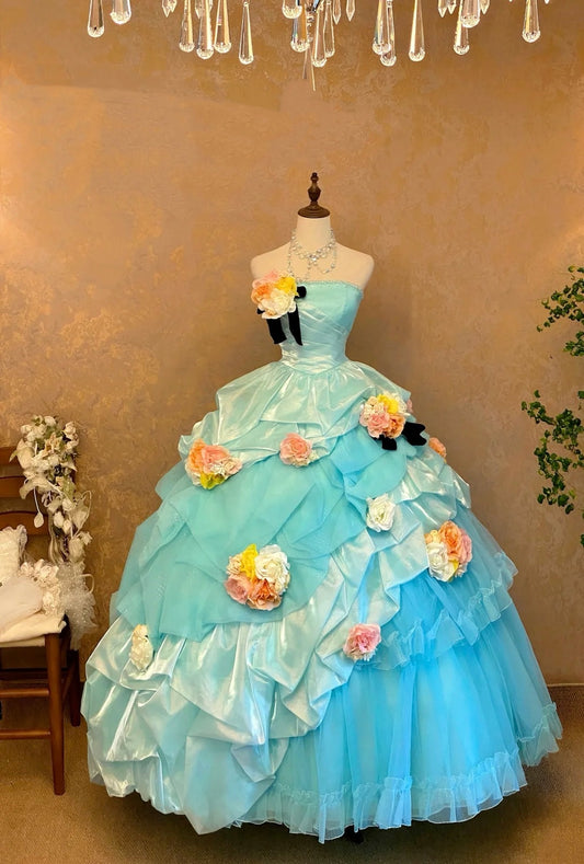 Pretty Prom Dress Strapless Tiered Tulle Flower Ball Gown Evening Dress Sweet 16 Dress Princess Dress D3946