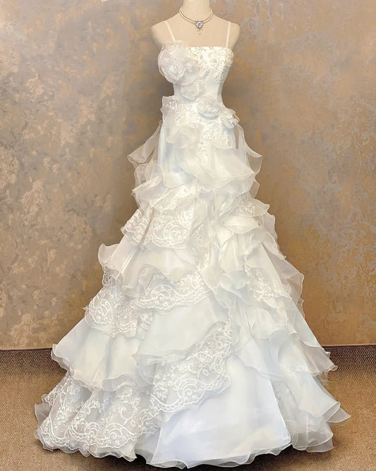 Retro Wedding Dress Spaghetti Straps Tiered Wedding Dress D3947