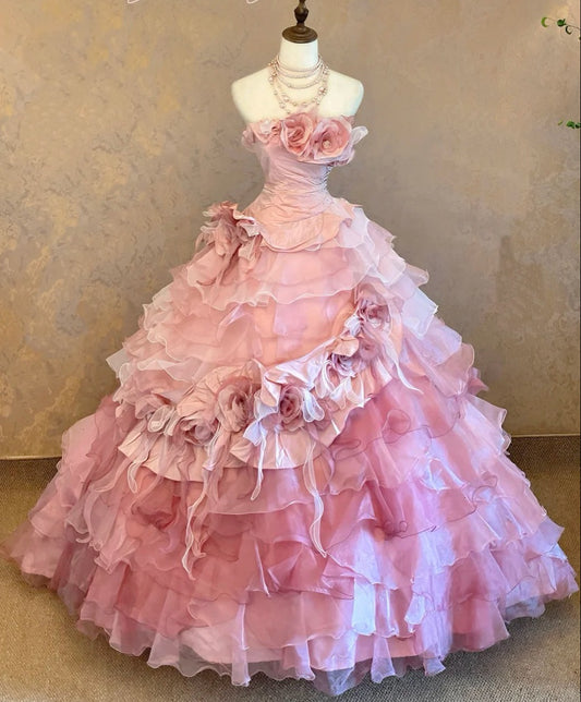 Newest Prom Dress Strapless Tiered Pleated Ball Gown Evening Dress Quinceanera Dress D3951