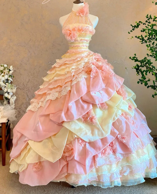 Sweet Prom Dress Halter Pleated Tiered Ball Gown Evening Dress Quinceanera Dress D3965