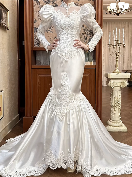 Vintage Wedding Dress High Collar Pleated Mermaid Wedding Dress D3976
