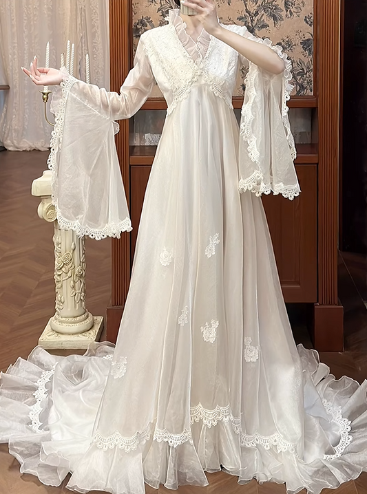 Retro Wedding Dress V-neck Pleated Tulle Wedding Dress D3977