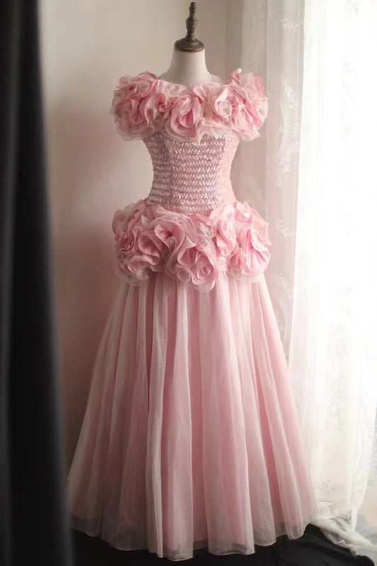 Beauty Prom Dress Crew Neck Pleated Tulle Evening Dress Gala Gown Party Dress D3987