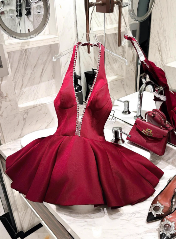 Beauty Homecoming Dress Wine Red Halter Short Prom Dress Cocktail Dress Birthday Party Outfits D4048