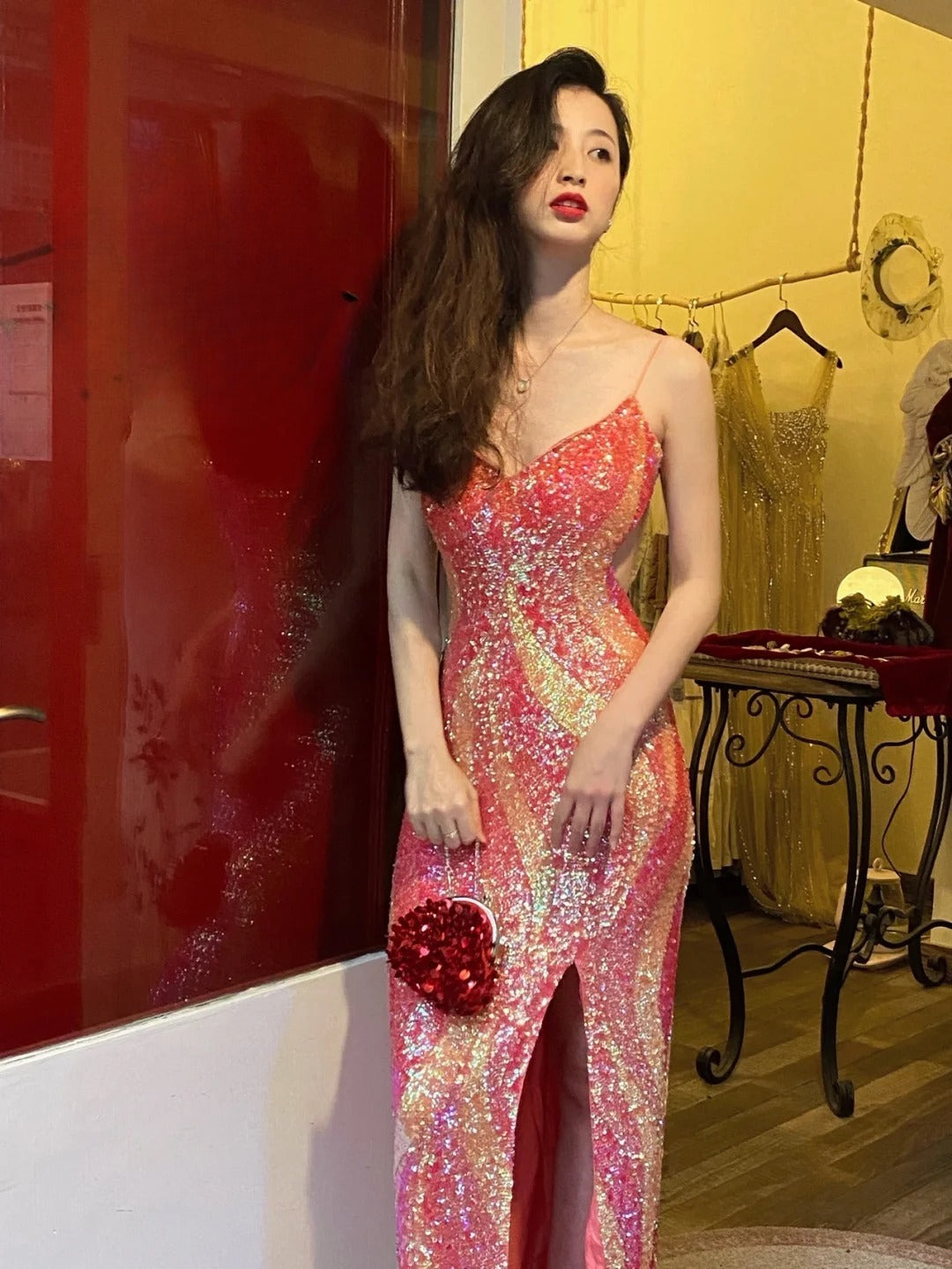 Robe de bal brillante à paillettes et col en cœur, robe de soirée sirène, robe de gala, robe de fête d'anniversaire, D3415