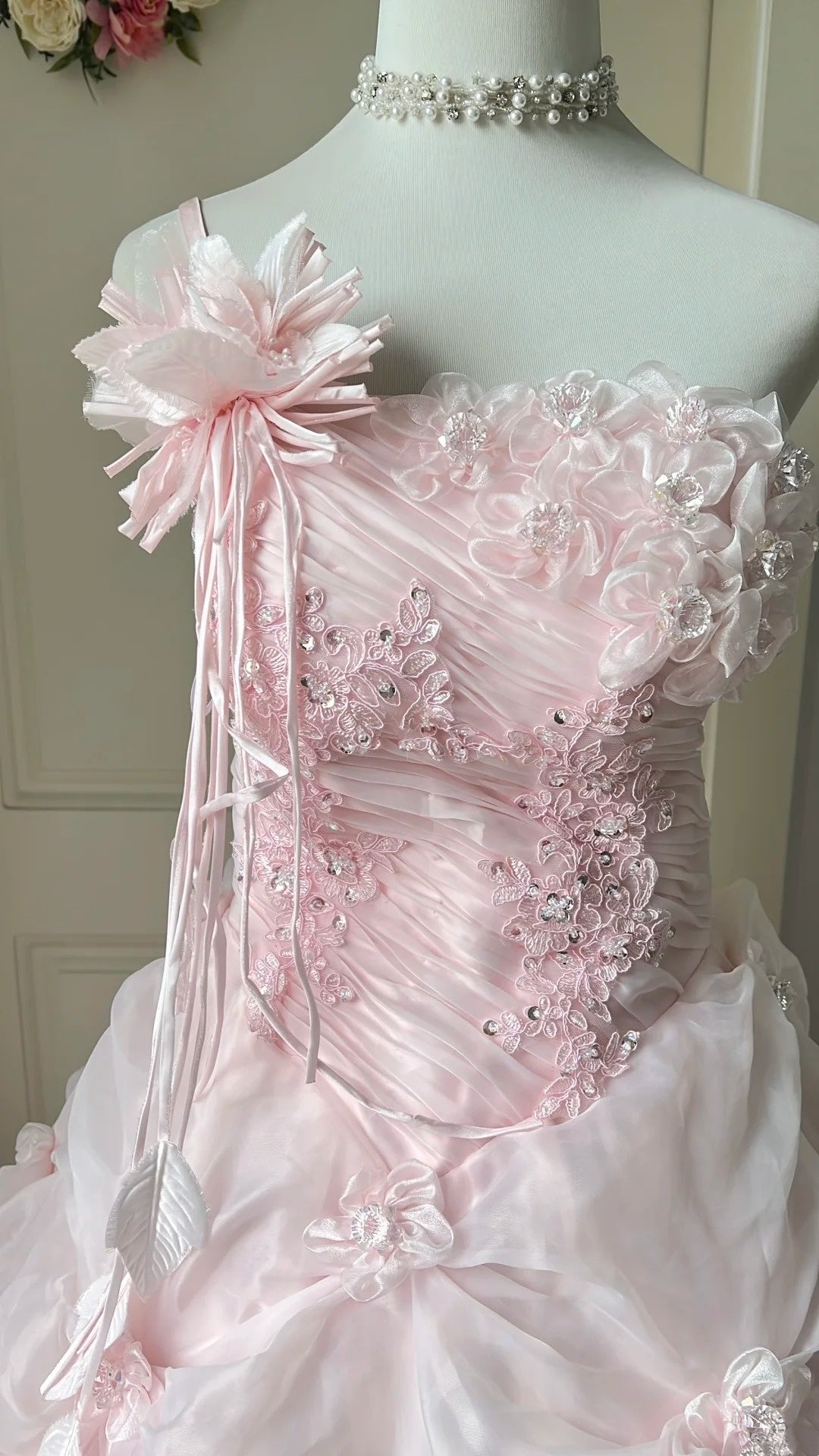 Pretty Prom Dress Strapless Pleated Flower Ball Gown Birthday Party Dress Evening Dress D4141