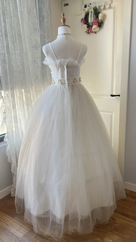 Retro Wedding Dress Spaghetti Straps Pleated Tulle Wedding Dress D4145