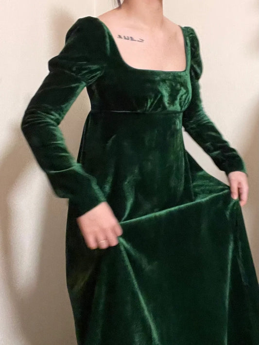 Retro Prom Dress Velvet Square Neck Long Sleeves Gala Gown Formal Dress Evening Dress D4161