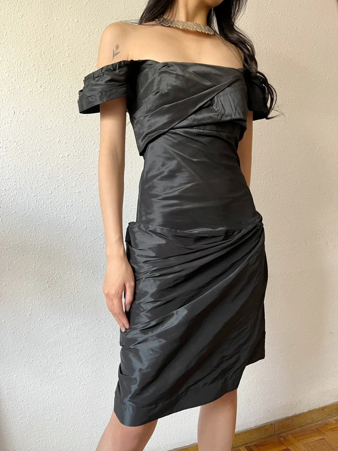 Minimalist Short Prom Dress Satin Black Off Shoulder Pleated Formal Dress Evening Dress Gala Dress D4285