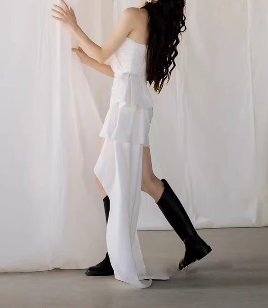 New Arrival Wedding Dress Asymmetrical Neck Pleated Short Wedding Dress Prom Dress D4310