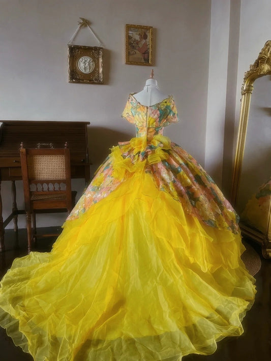 Charming Prom Dress Boat Neck Print Quinceanera Dress Ball Gown Evening Dress D4343