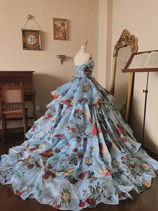 Elegant Prom Dress Strapless Print Tiered Evening Dress Quinceanera Dress Ball Gown D4359