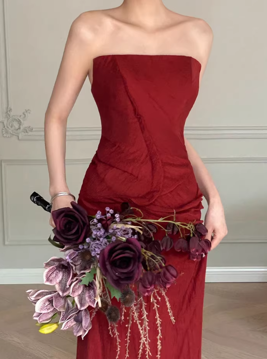 Elegant Prom Dress Wine Red Strapless Gala Dress Evening Dress Formal Dress D4378