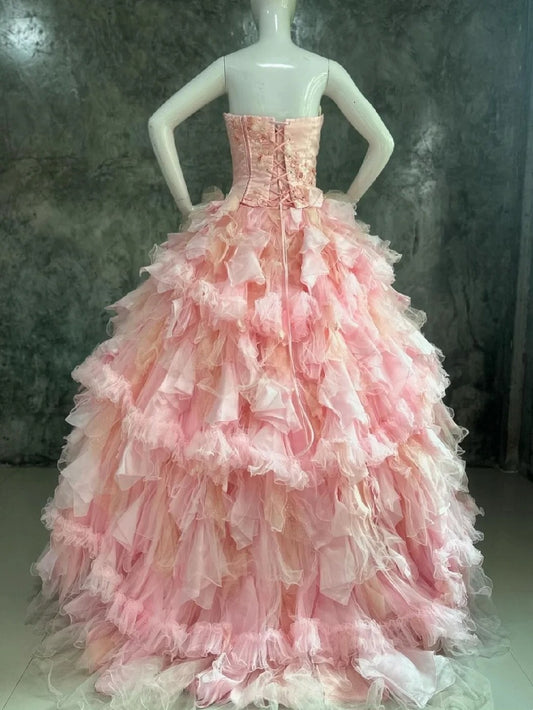 Sweet Prom Dress Strapless Pleated Tulle Evening Dress Quinceanera Dress Ball Gown D4424