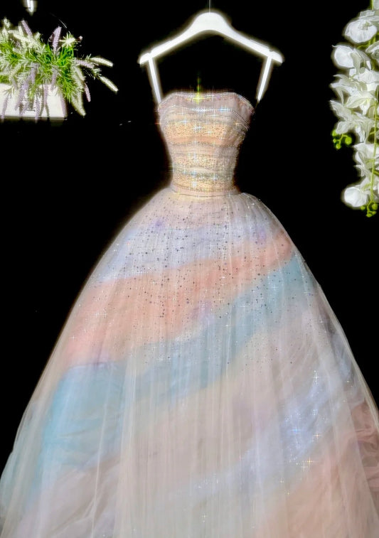 Colorful Prom Dress Strapless Pleated Tulle Evening Dress Quinceanera Dress Ball Gown D4464
