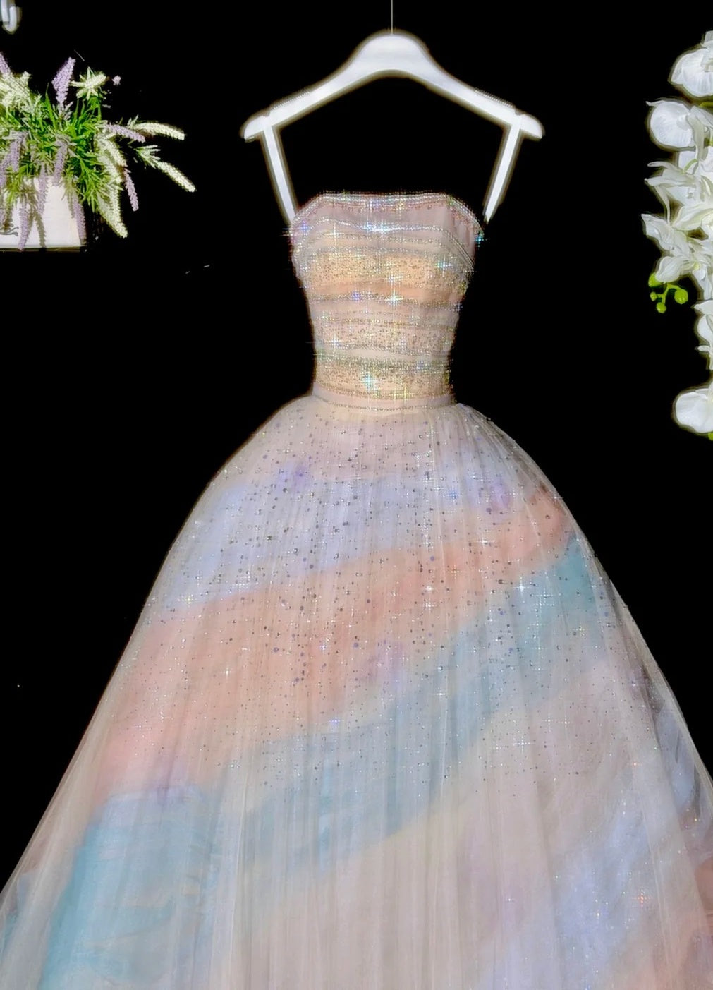 Colorful Prom Dress Strapless Pleated Tulle Evening Dress Quinceanera Dress Ball Gown D4464