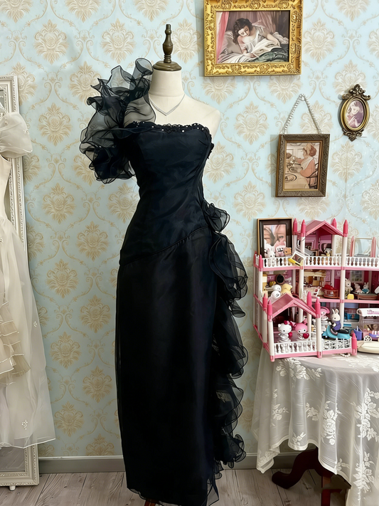 Stunning Prom Dress Black Strapless Pleated Ruffle Birthday Party Dress Evening Dress D4482