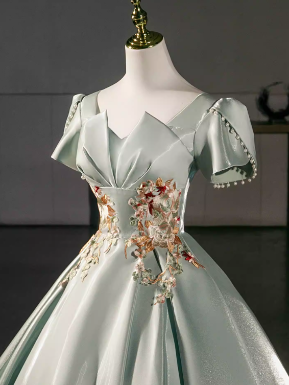 Elegant Prom Dress Light Green Square Neck Pleated Evening Dress Quinceanera Dress Ball Gown D4508