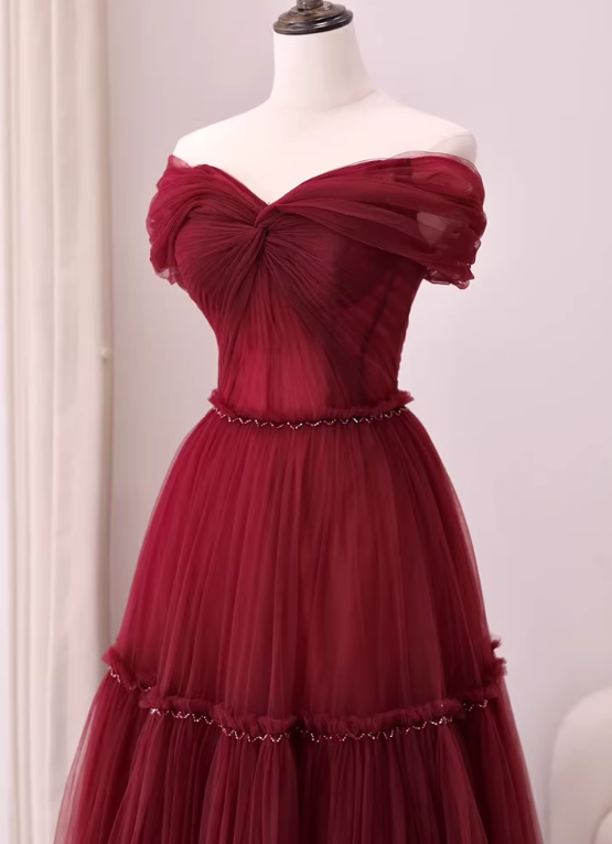 Stunning Prom Dress Wine Red Off Shoulder Pleated Tulle Gala Dress Evening Dress Formal Dress D4543