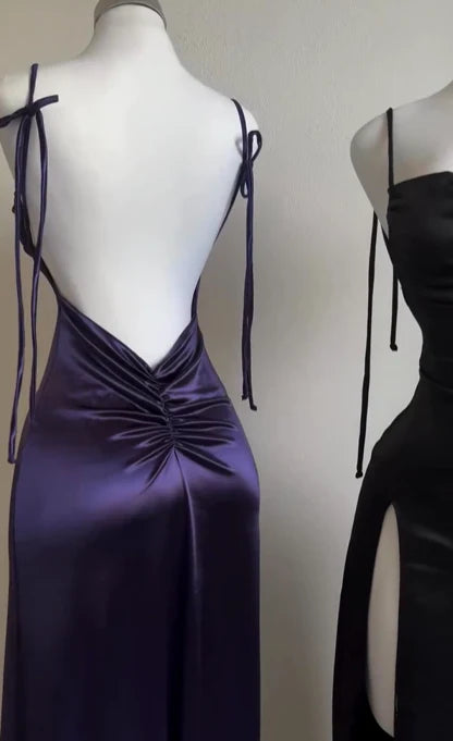 Robe de soirée longue fourreau en satin violet à bretelles et dos nu, volants, MD7480