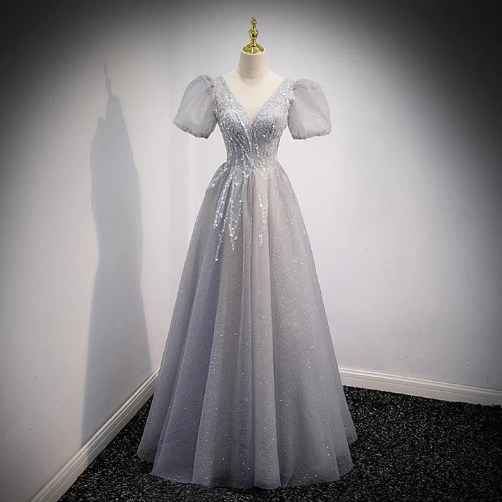Robe de soirée longue grise à paillettes, coupe trapèze, manches courtes, robe de bal MD7544
