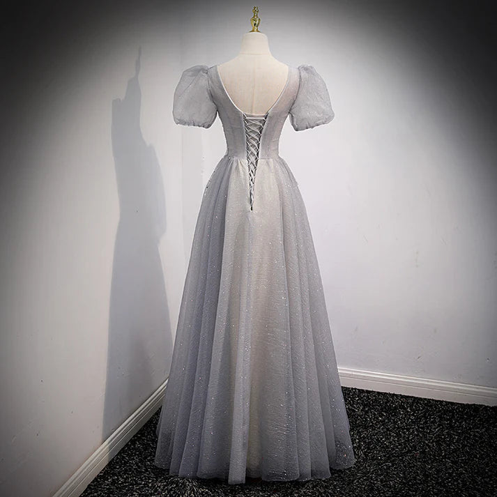 Robe de soirée longue grise à paillettes, coupe trapèze, manches courtes, robe de bal MD7544
