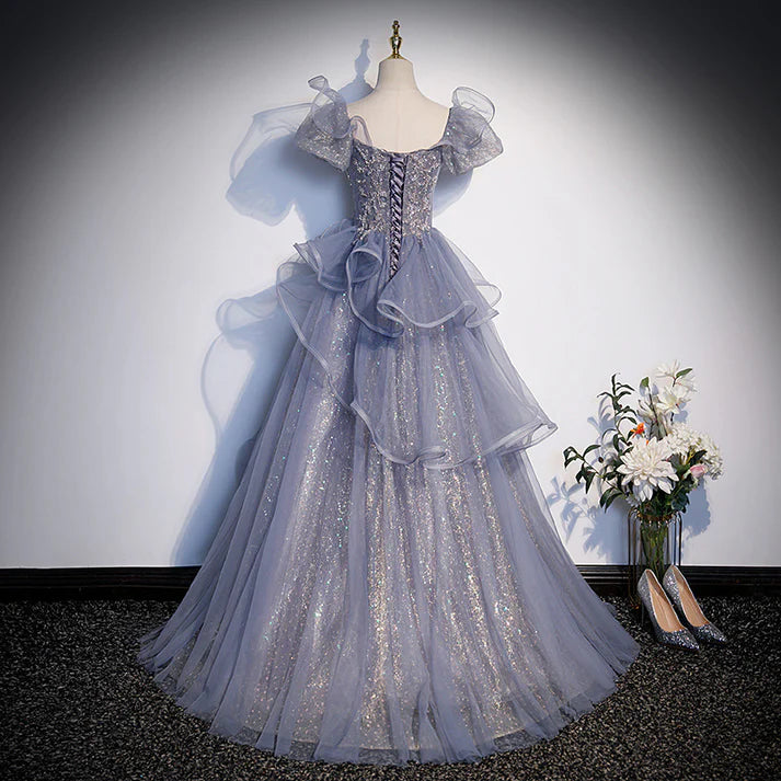 Robe de bal grise trapèze à manches bouffantes, robe de soirée élégante, MD7563