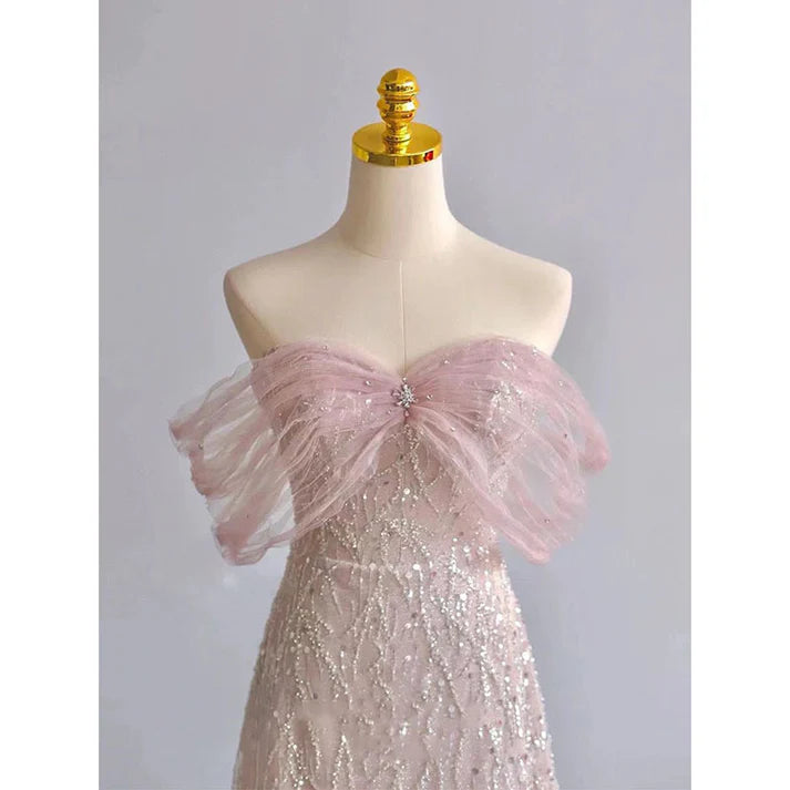 Robe de bal rose à épaules dénudées et paillettes, tenue de soirée princesse élégante, MD7571