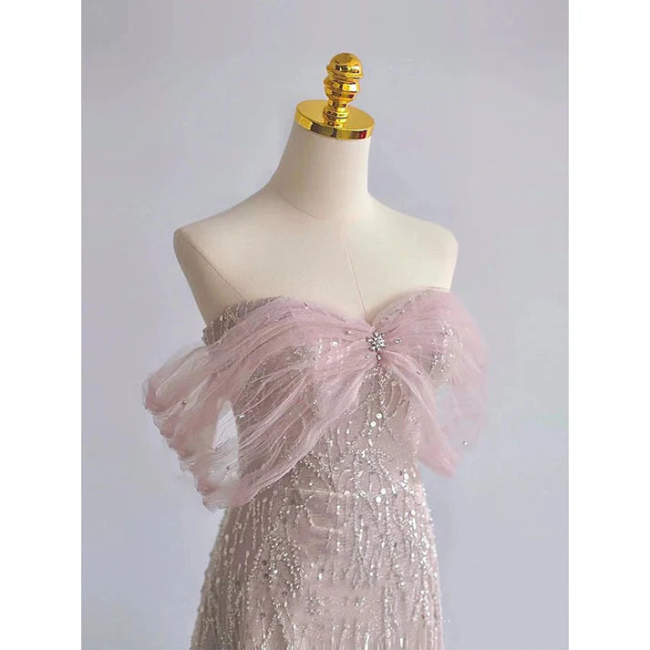 Robe de bal rose à épaules dénudées et paillettes, tenue de soirée princesse élégante, MD7571