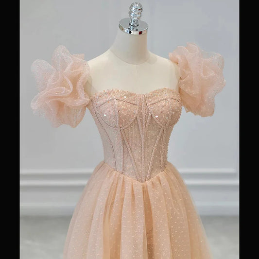 Robe de bal longue rose champagne scintillante, coupe trapèze, robe de soirée scintillante MD7545