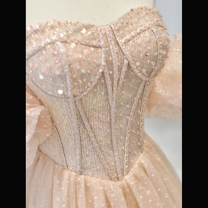 Robe de bal longue rose champagne scintillante, coupe trapèze, robe de soirée scintillante MD7545