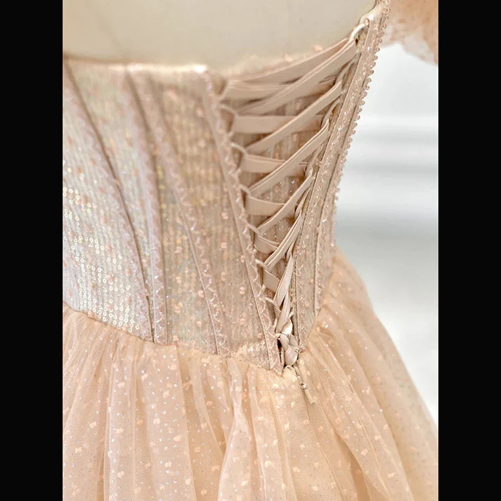 Robe de bal longue rose champagne scintillante, coupe trapèze, robe de soirée scintillante MD7545