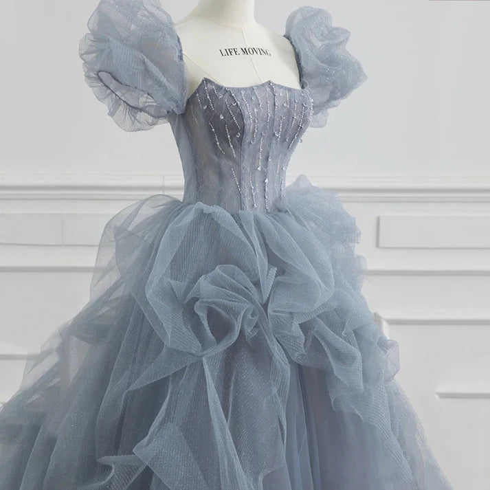 Blue Tulle Princess Ball Gown Puff Sleeves Sweet Evening Dress MD7547