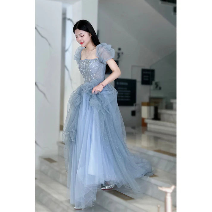 Blue Tulle Princess Ball Gown Puff Sleeves Sweet Evening Dress MD7547