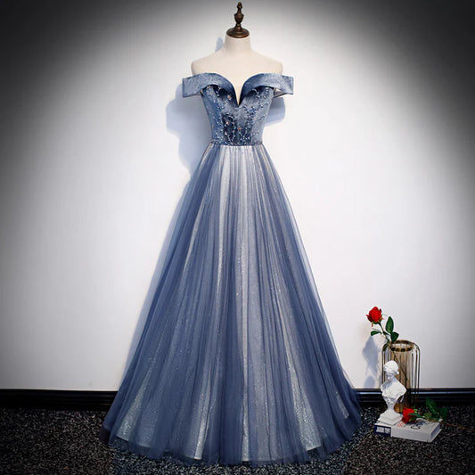 Robe de bal longue en velours et tulle, épaules dénudées, avec perles, MD7554