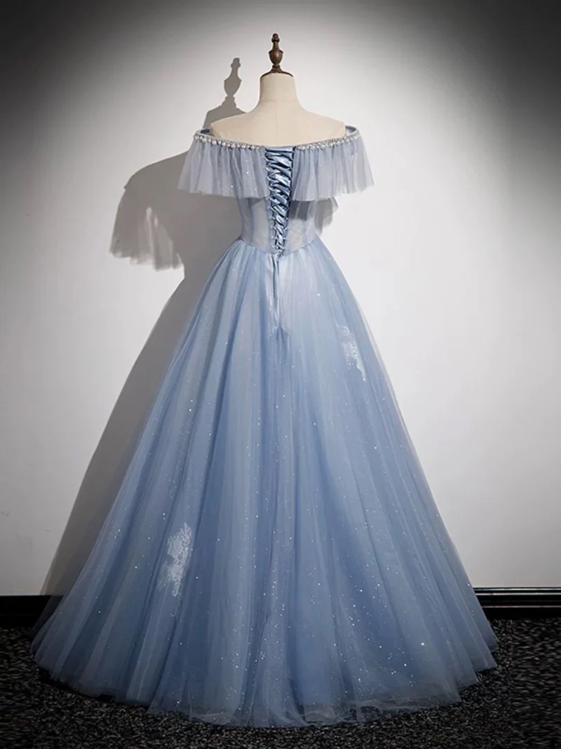 A-Line Off Shoulder Tulle Blue Long Prom Dress, Blue Long Formal Dress MD7255