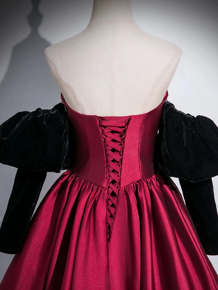 A-Line Satin Dark Red Long Prom Dress, Dark Red Long Evening Dress MD7256
