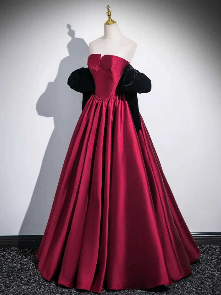 A-Line Satin Dark Red Long Prom Dress, Dark Red Long Evening Dress MD7256