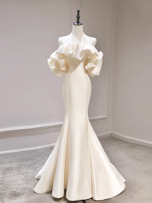 Robe de bal longue en satin à épaules dénudées et style sirène, couleur champagne clair, MD7257