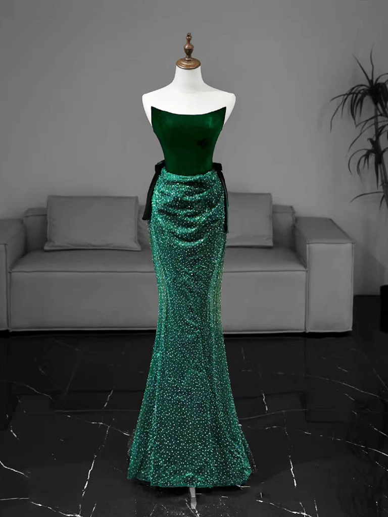 Mermaid Tulle Velvet Green Long Prom Dress, Green Long Formal Dress MD7262