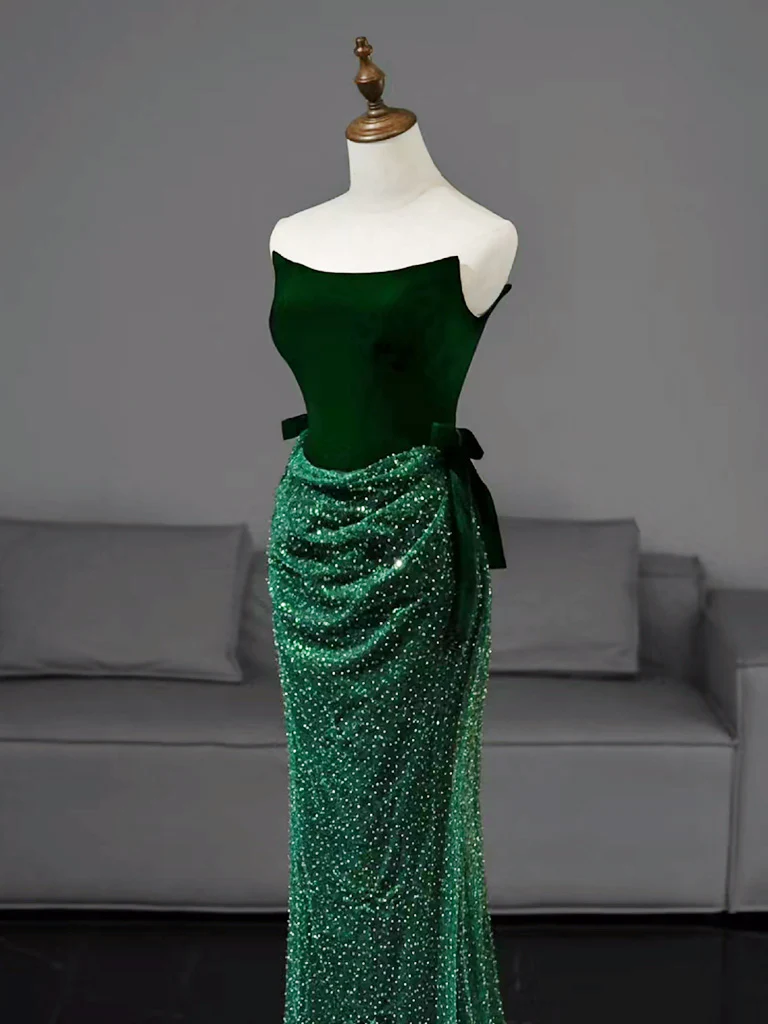 Mermaid Tulle Velvet Green Long Prom Dress, Green Long Formal Dress MD7262