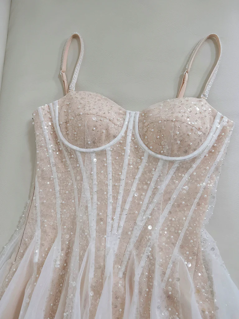 A-Line Sweetheart Neck Tulle Sequin Light Champagne Short Prom Dress MD7264