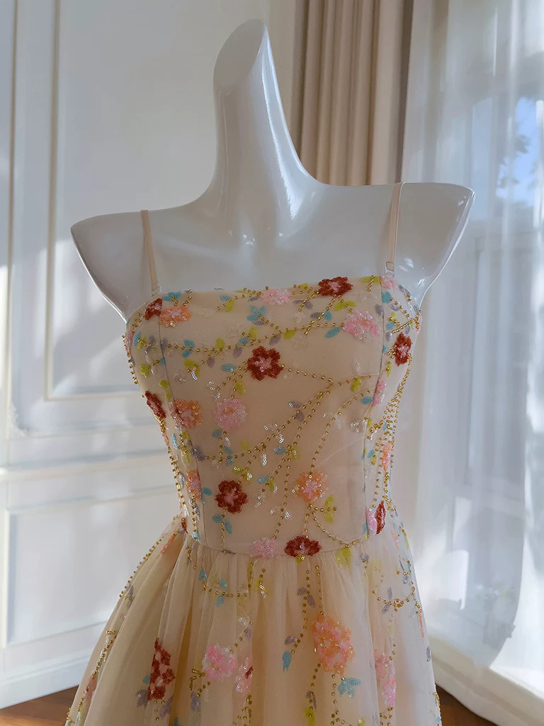 A-Line Tulle Sequin Champagne Pink Prom Dress, Champagne Homecoming Dress MD7265