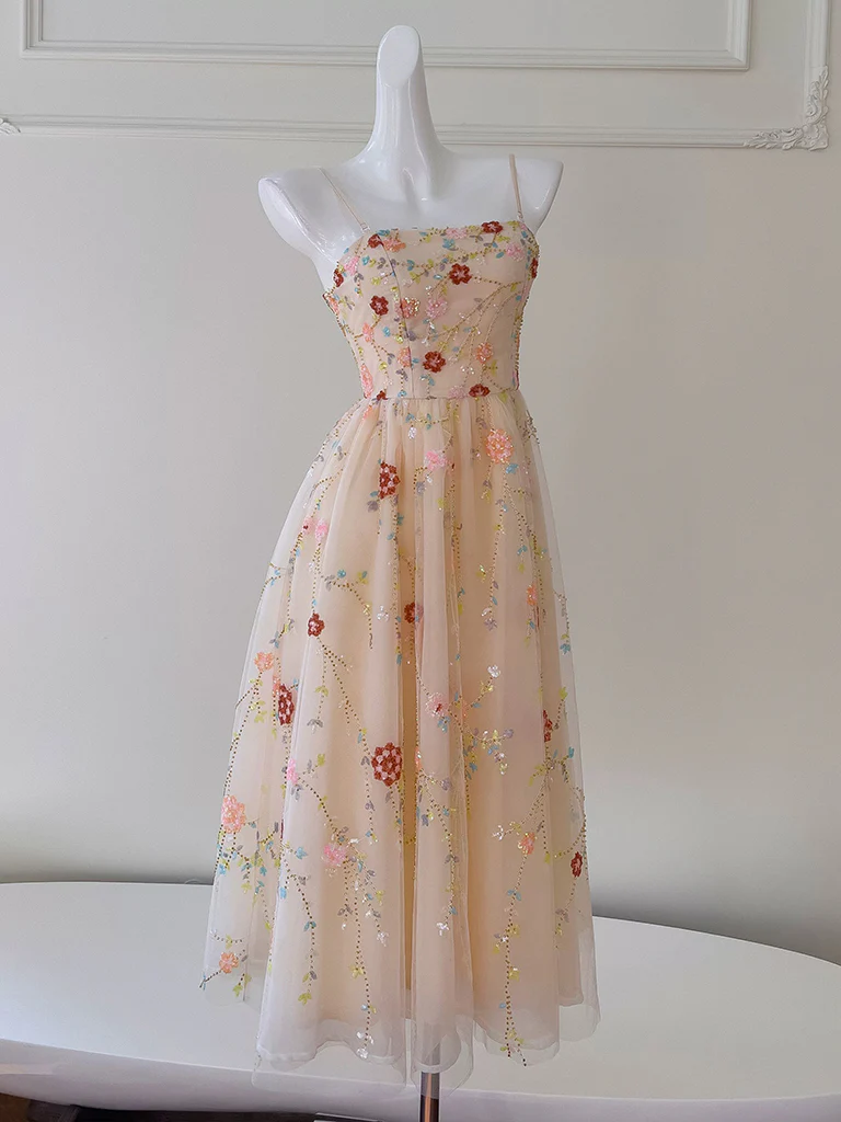 A-Line Tulle Sequin Champagne Pink Prom Dress, Champagne Homecoming Dress MD7265