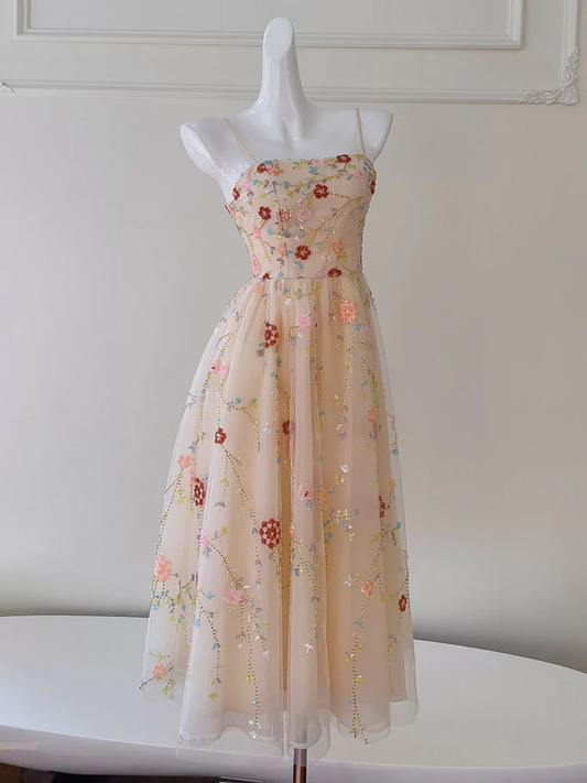 Robe de bal trapèze en tulle à sequins rose champagne, robe de soirée champagne MD7265
