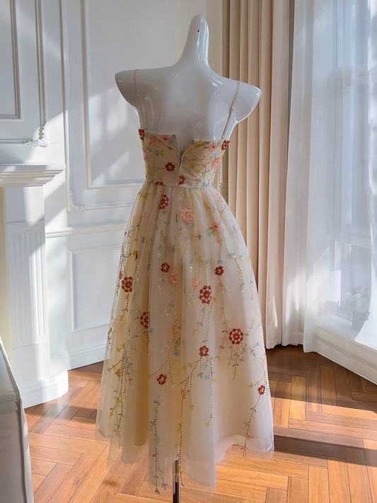 Robe de bal trapèze en tulle à sequins rose champagne, robe de soirée champagne MD7265