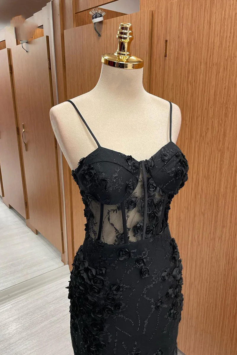 Sexy Black Spaghetti Straps Appliques Mermaid Long Prom Dress MD7267