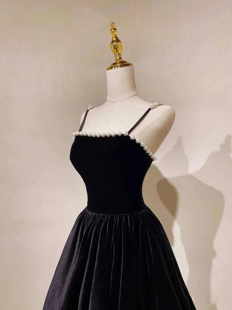 Black Spaghetti Straps A-Line Velvet Long Formal Prom Dress MD7269