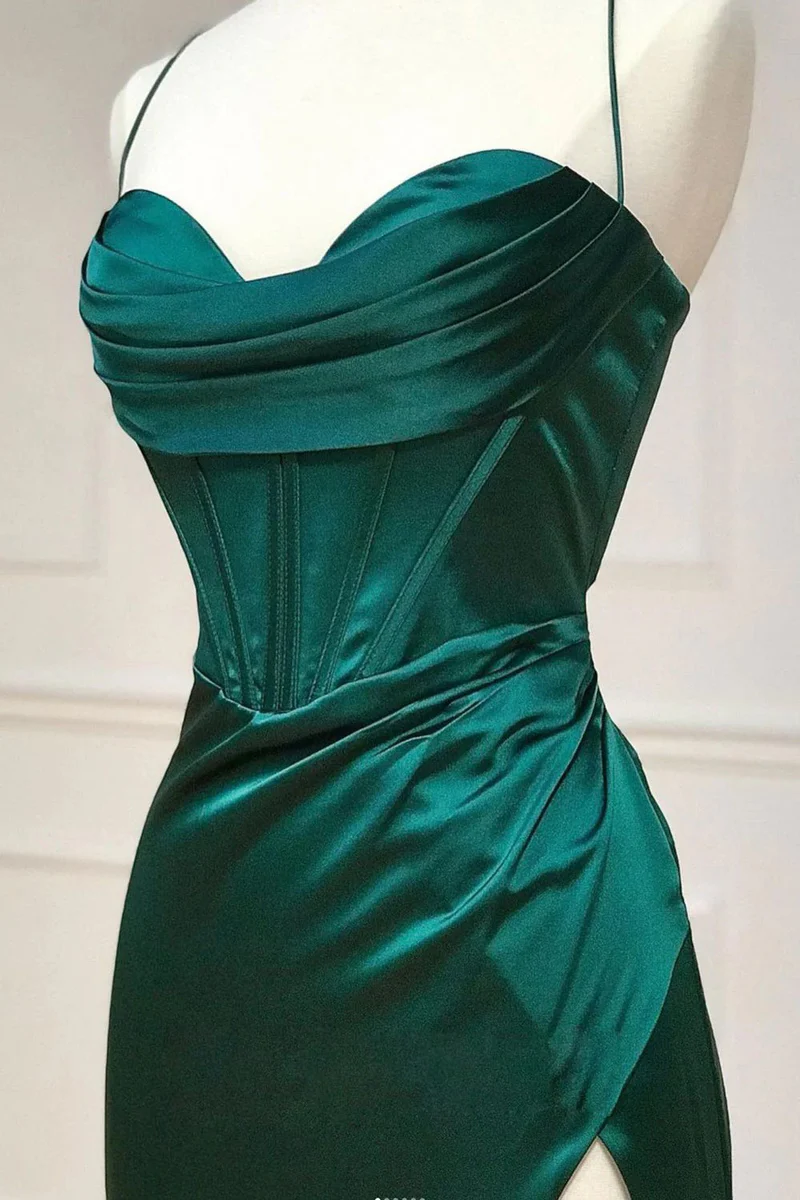 Green Straps Satin Bridesmaid Dress Simple Long Party Dress MD7274